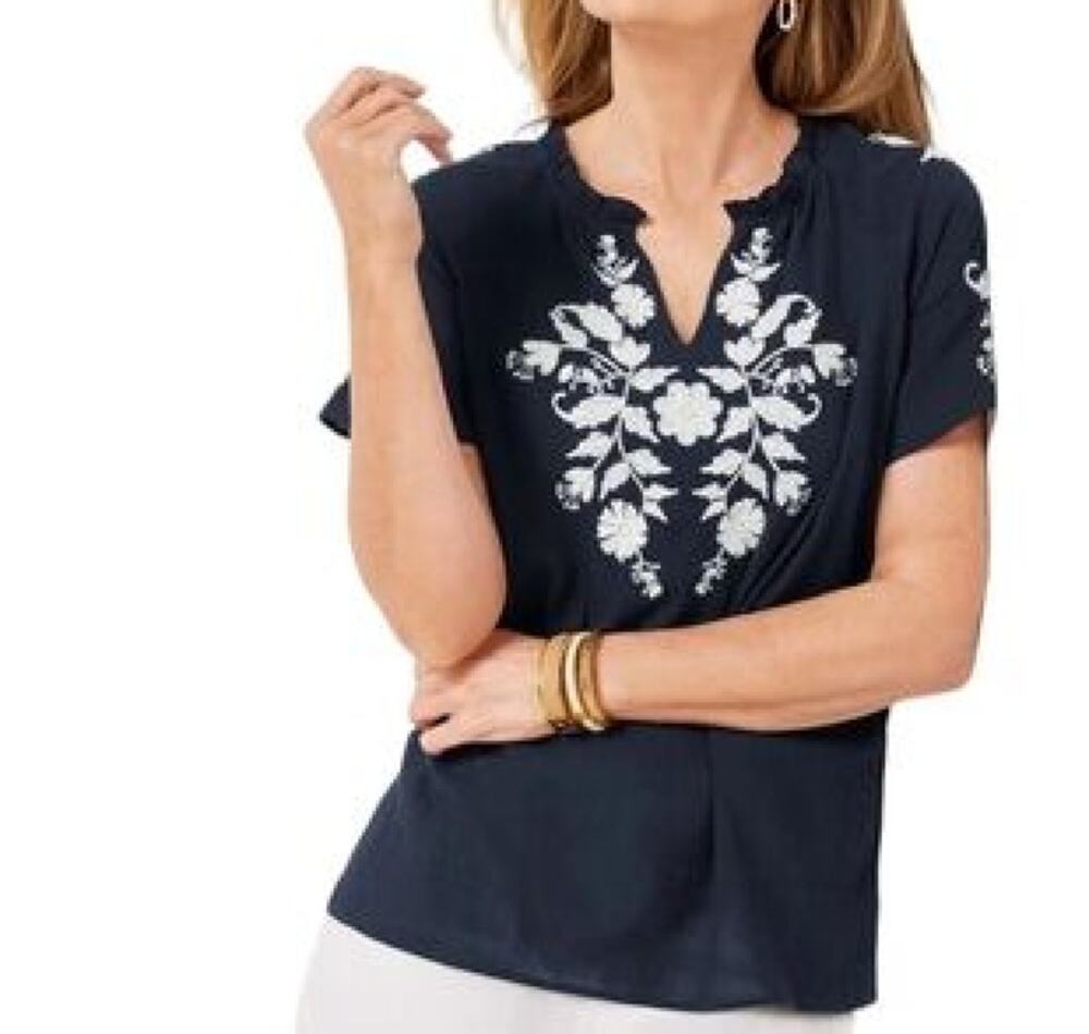 Talbots Navy Blue Gauze Embroidered Blouse Womens M Boho 100% Cotton